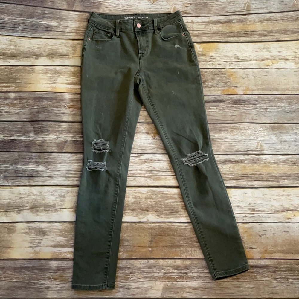 Old Navy mid-rise rockstar distressed green pants size 4 regular
